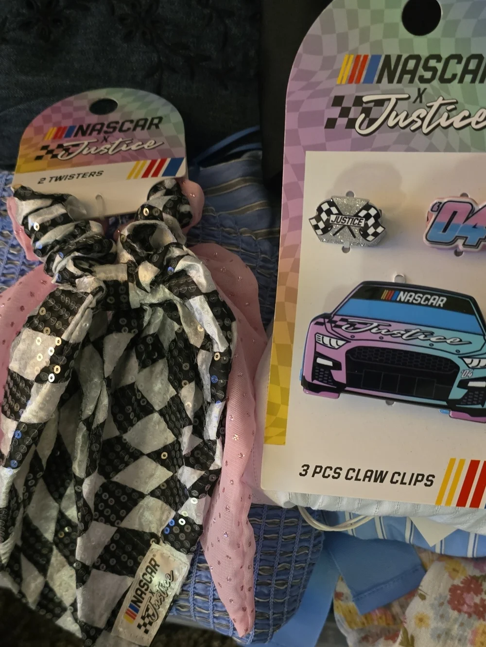 NASCAR x Justice 2pcs Black & Pink Twister Scrunchies 3pcs Claw Clips